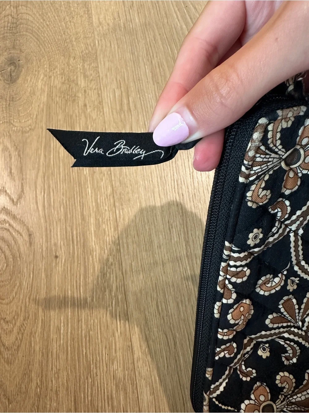 Vera Bradley Black Paisley Quilted Wristlet with Brown Accents